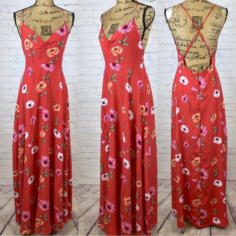 Forever 21 Poppy Flower Print Open Back Flowy Maxi